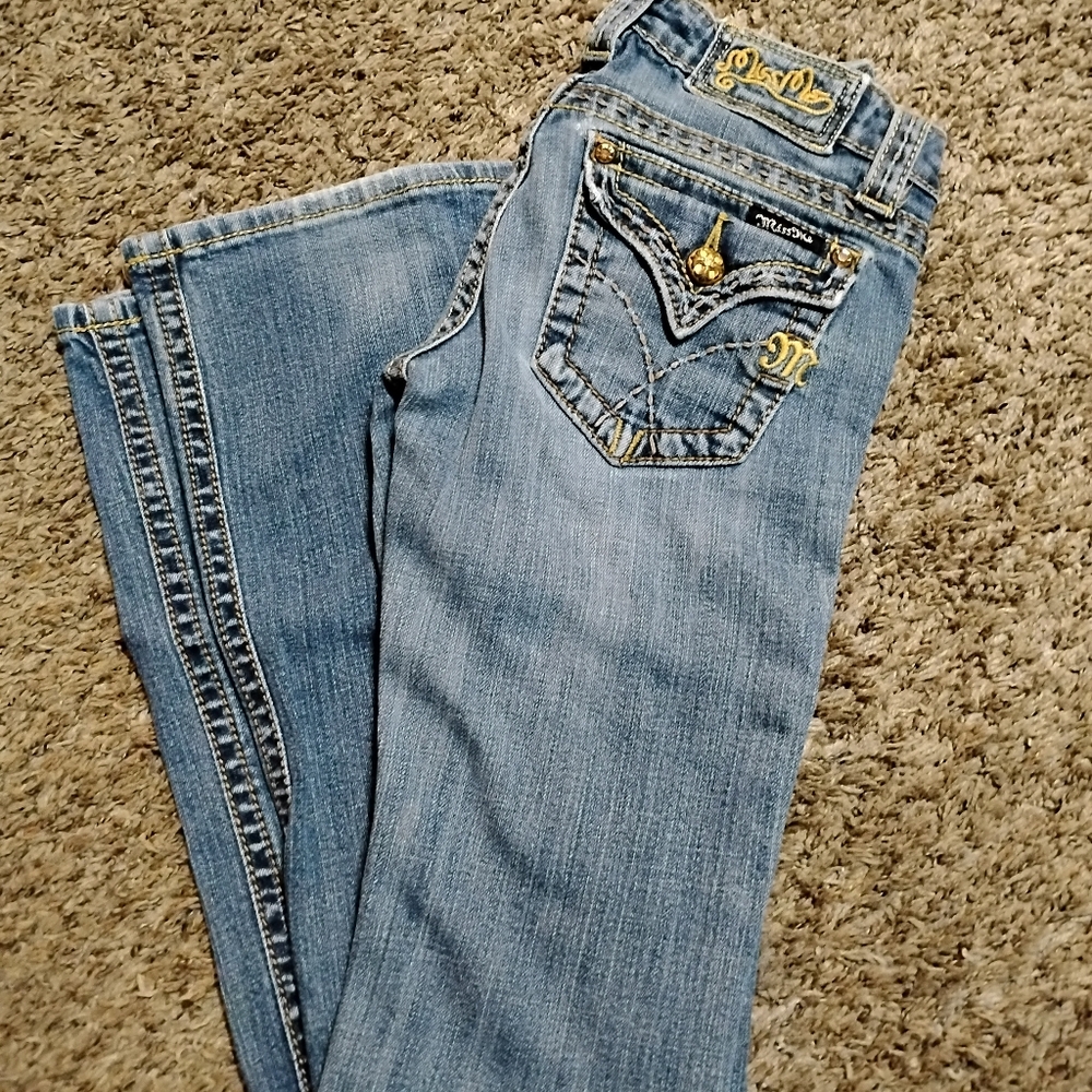 Miss Me Blue Boot Cut Jeans with Gold Accents 25-31